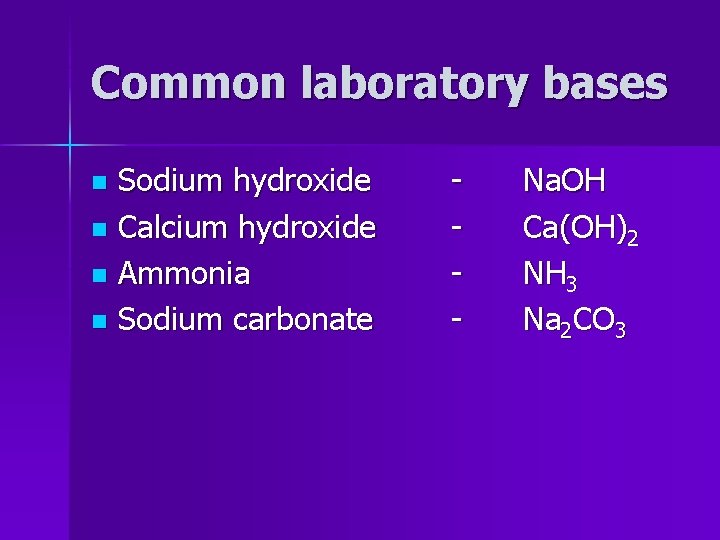 Common laboratory bases Sodium hydroxide n Calcium hydroxide n Ammonia n Sodium carbonate n