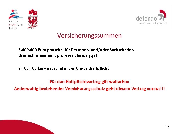 Versicherungssummen 5. 000 Euro pauschal für Personen- und/oder Sachschäden dreifach maximiert pro Versicherungsjahr 2.