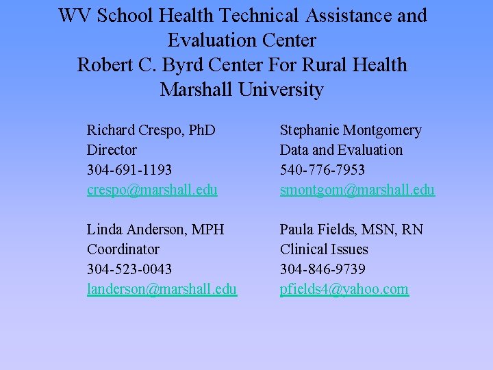 WV School Health Technical Assistance and Evaluation Center Robert C. Byrd Center For Rural