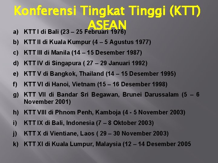 Konferensi Tingkat Tinggi (KTT) ASEAN a) KTT I di Bali (23 – 25 Februari