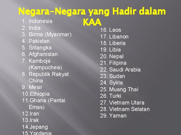 Negara-Negara yang Hadir dalam 1. Indonesia KAA 2. 3. 4. 5. 6. 7. India