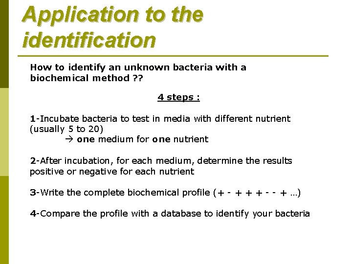 Application to the identification How to identify an unknown bacteria with a biochemical method Application to the identification How to identify an unknown bacteria with a biochemical method