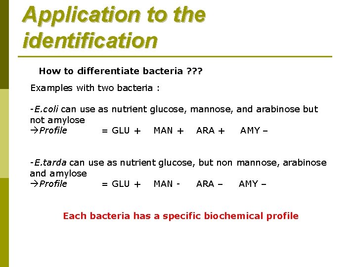 Application to the identification How to differentiate bacteria ? ? ? Examples with two Application to the identification How to differentiate bacteria ? ? ? Examples with two