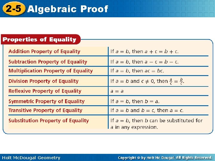 2 -5 Algebraic Proof Holt Mc. Dougal Geometry 2 -5 Algebraic Proof Holt Mc. Dougal Geometry