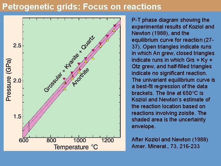 Petrogenetic grids: Focus on reactions P-T phase diagram showing the experimental results of Koziol