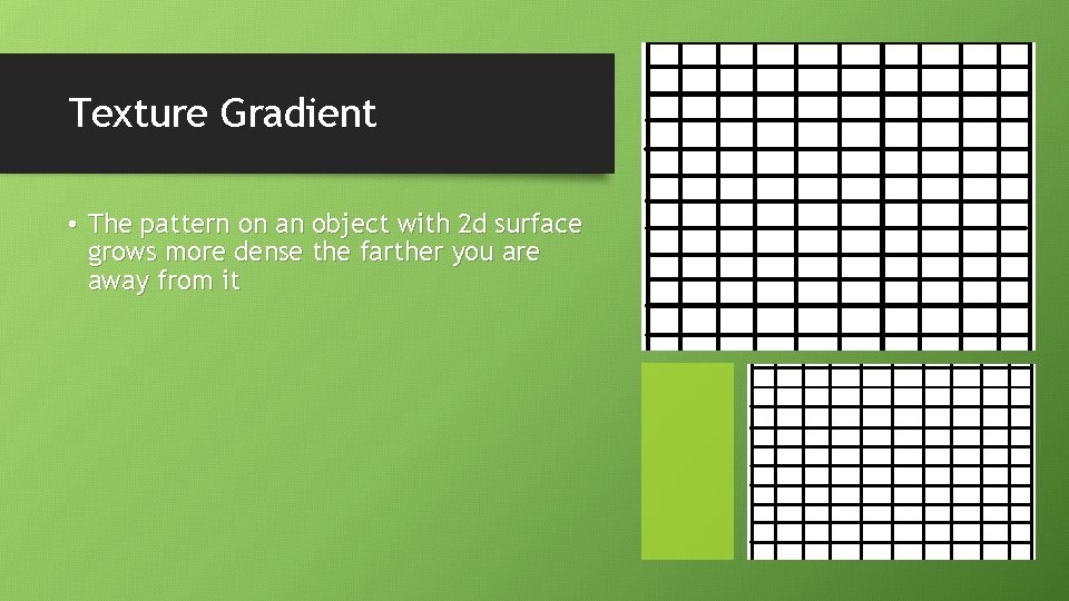 Texture Gradient • The pattern on an object with 2 d surface grows more