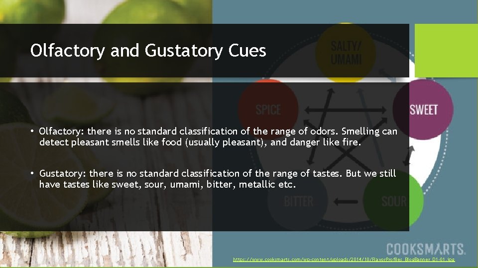 Olfactory and Gustatory Cues • Olfactory: there is no standard classification of the range