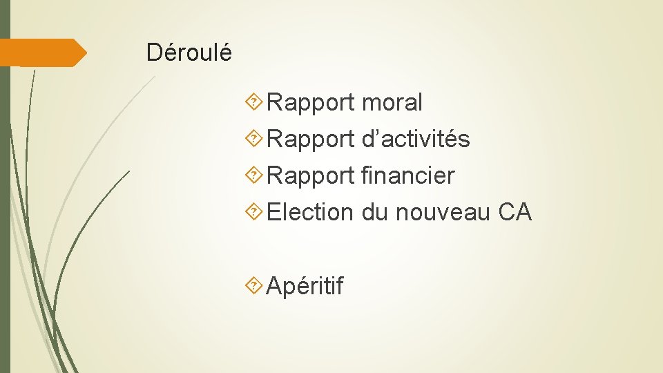 Déroulé Rapport moral Rapport d’activités Rapport financier Election du nouveau CA Apéritif 