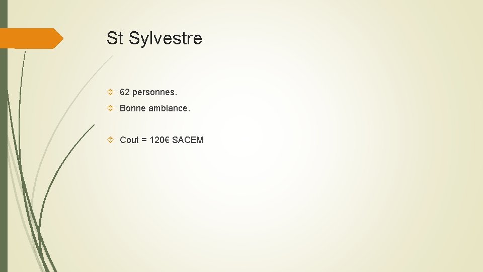 St Sylvestre 62 personnes. Bonne ambiance. Cout = 120€ SACEM 