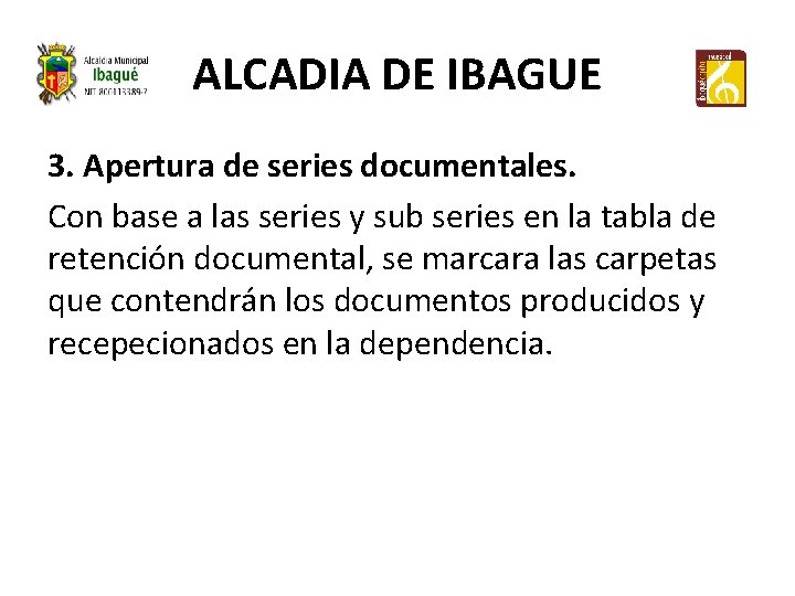 ALCADIA DE IBAGUE 3. Apertura de series documentales. Con base a las series y