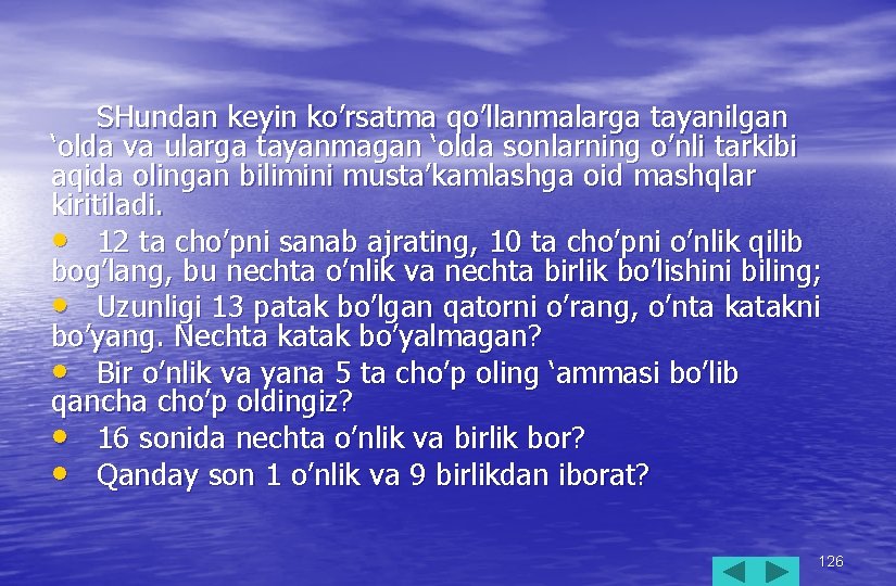 SHundan keyin ko’rsatma qo’llanmalarga tayanilgan ‘olda va ularga tayanmagan ‘olda sonlarning o’nli tarkibi aqida