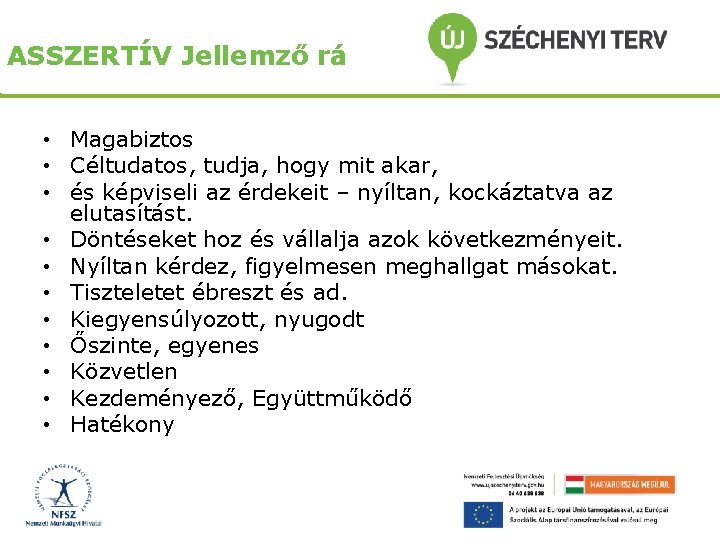 ASSZERTÍV Jellemző rá • Magabiztos • Céltudatos, tudja, hogy mit akar, • és képviseli