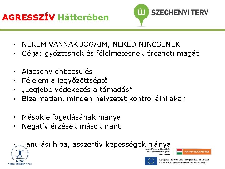 AGRESSZÍV Hátterében • NEKEM VANNAK JOGAIM, NEKED NINCSENEK • Célja: győztesnek és félelmetesnek érezheti