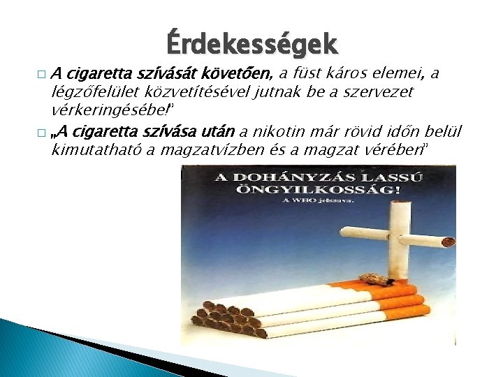 Érdekességek A cigaretta szívását követően, a füst káros elemei, a légzőfelület közvetítésével jutnak be