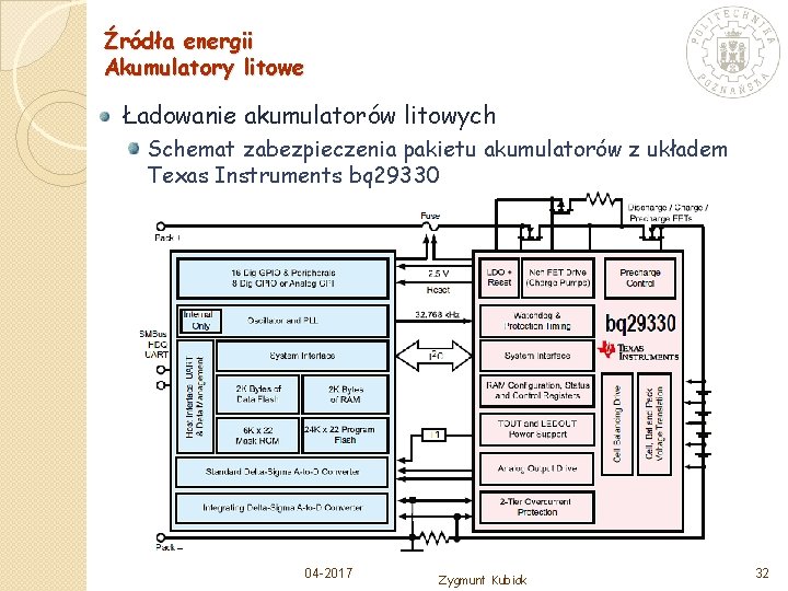 Źródła energii Akumulatory litowe Ładowanie akumulatorów litowych Schemat zabezpieczenia pakietu akumulatorów z układem Texas