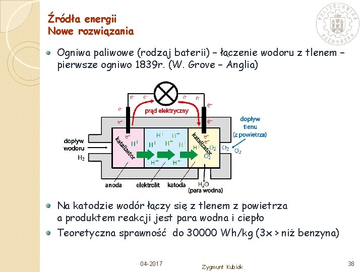 Źródła energii Nowe rozwiązania Ogniwa paliwowe (rodzaj baterii) – łączenie wodoru z tlenem –