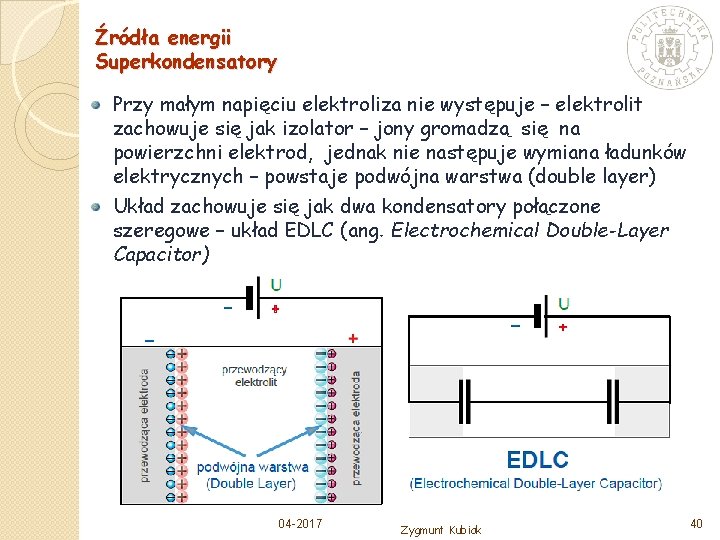 Źródła energii Superkondensatory Przy małym napięciu elektroliza nie występuje – elektrolit zachowuje się jak