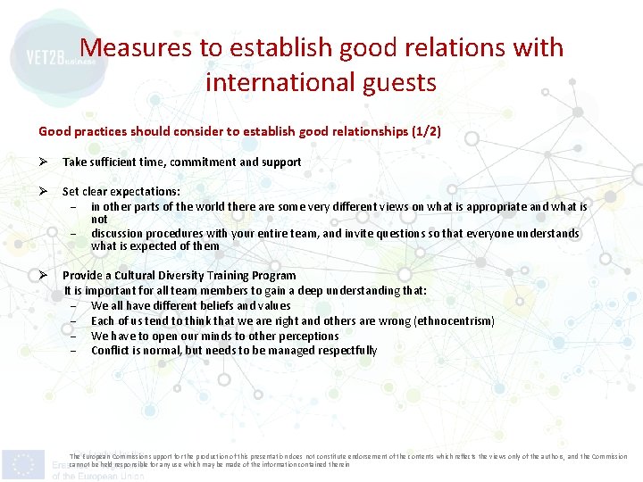 Measures to establish good relations with international guests Good practices should consider to establish