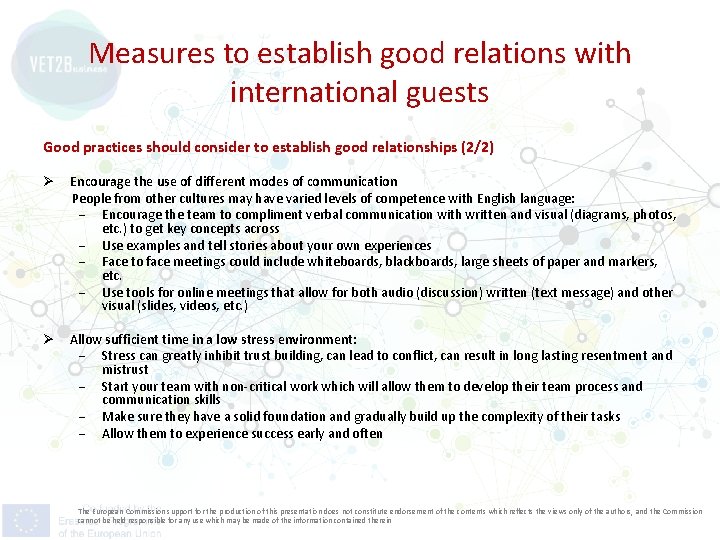 Measures to establish good relations with international guests Good practices should consider to establish