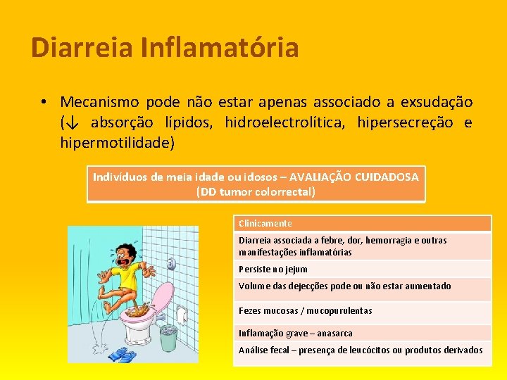 Diarreia Inflamatória • Mecanismo pode não estar apenas associado a exsudação (↓ absorção lípidos,