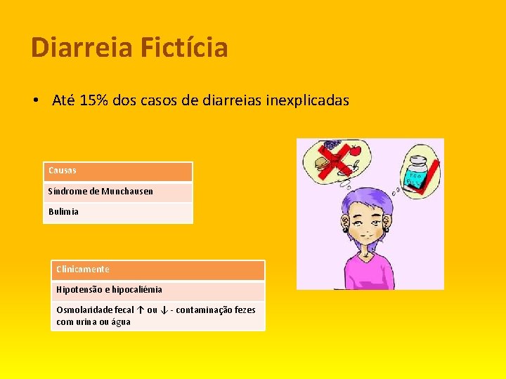 Diarreia Fictícia • Até 15% dos casos de diarreias inexplicadas Causas Síndrome de Munchausen