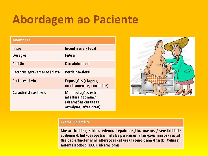 Abordagem ao Paciente Anamnese Início Incontinência fecal Duração Febre Padrão Dor abdominal Factores agravamento