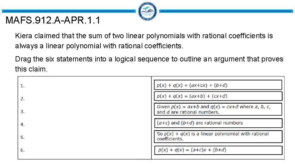 MAFS. 912. A-APR. 1. 1 Kiera claimed that the sum of two linear polynomials