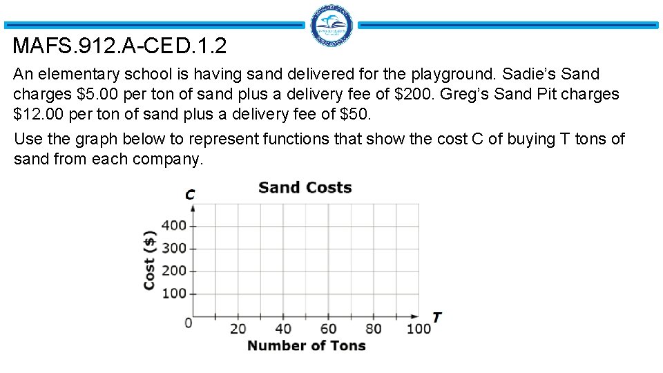 MAFS. 912. A-CED. 1. 2 An elementary school is having sand delivered for the