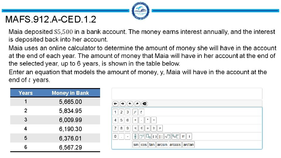 MAFS. 912. A-CED. 1. 2 Years Money in Bank 1 5, 665. 00 2