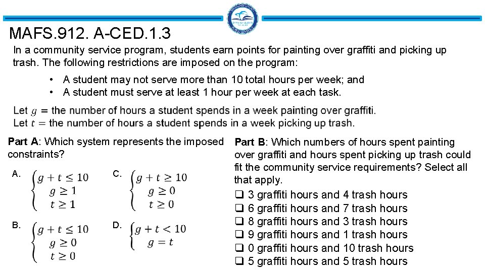 MAFS. 912. A-CED. 1. 3 In a community service program, students earn points for