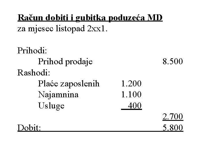 Račun dobiti i gubitka poduzeća MD za mjesec listopad 2 xx 1. Prihodi: Prihod