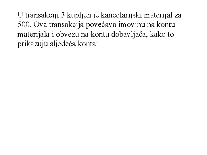 U transakciji 3 kupljen je kancelarijski materijal za 500. Ova transakcija povećava imovinu na