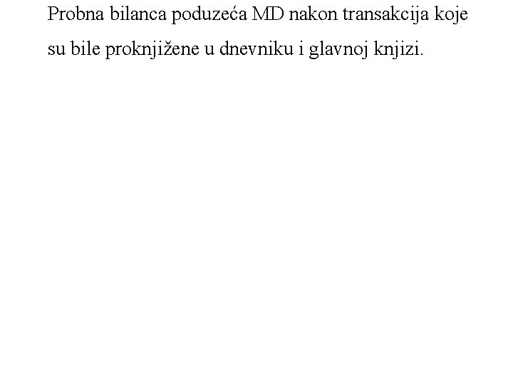 Probna bilanca poduzeća MD nakon transakcija koje su bile proknjižene u dnevniku i glavnoj