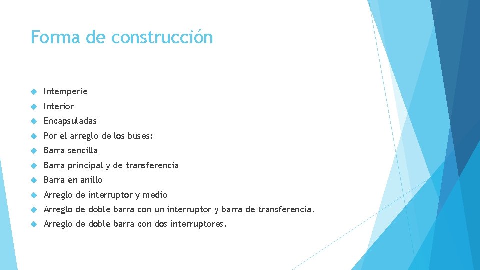 Forma de construcción Intemperie Interior Encapsuladas Por el arreglo de los buses: Barra sencilla
