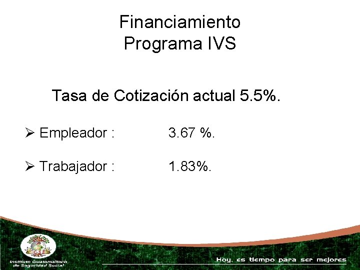 Financiamiento Programa IVS Tasa de Cotización actual 5. 5%. Ø Empleador : 3. 67