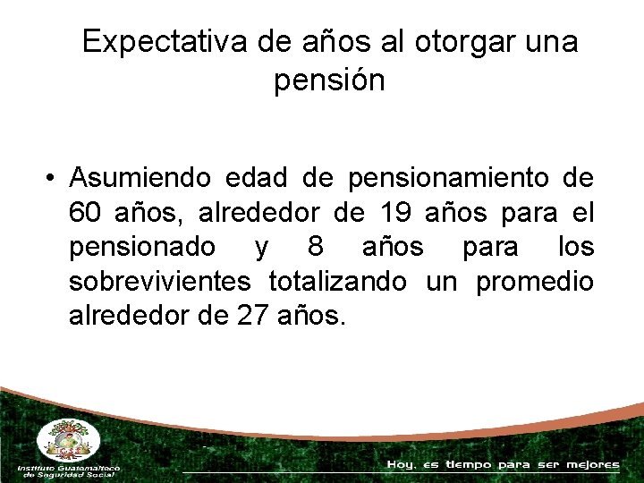 Expectativa de años al otorgar una pensión • Asumiendo edad de pensionamiento de 60