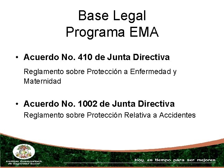 Base Legal Programa EMA • Acuerdo No. 410 de Junta Directiva Reglamento sobre Protección