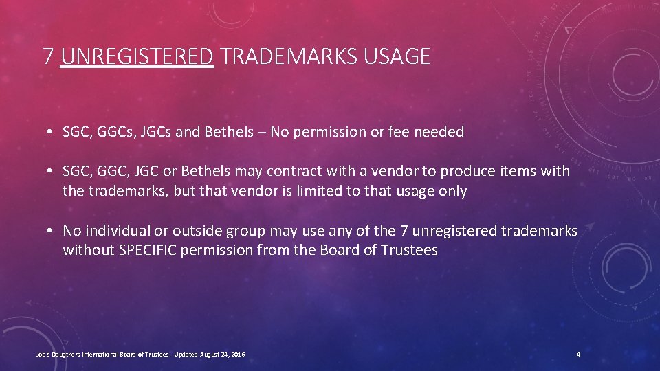 7 UNREGISTERED TRADEMARKS USAGE • SGC, GGCs, JGCs and Bethels – No permission or