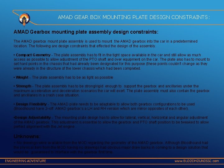 AMAD GEAR BOX MOUNTING PLATE DESIGN CONSTRAINTS: AMAD Gearbox mounting plate assembly design constraints: