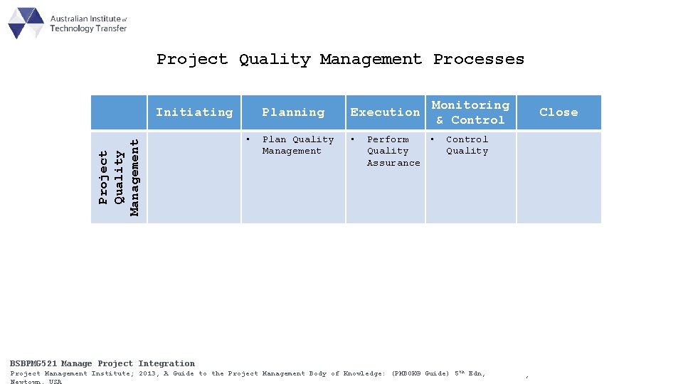 Project Quality Management Processes Project Quality Management Initiating • Planning Execution Plan Quality Management