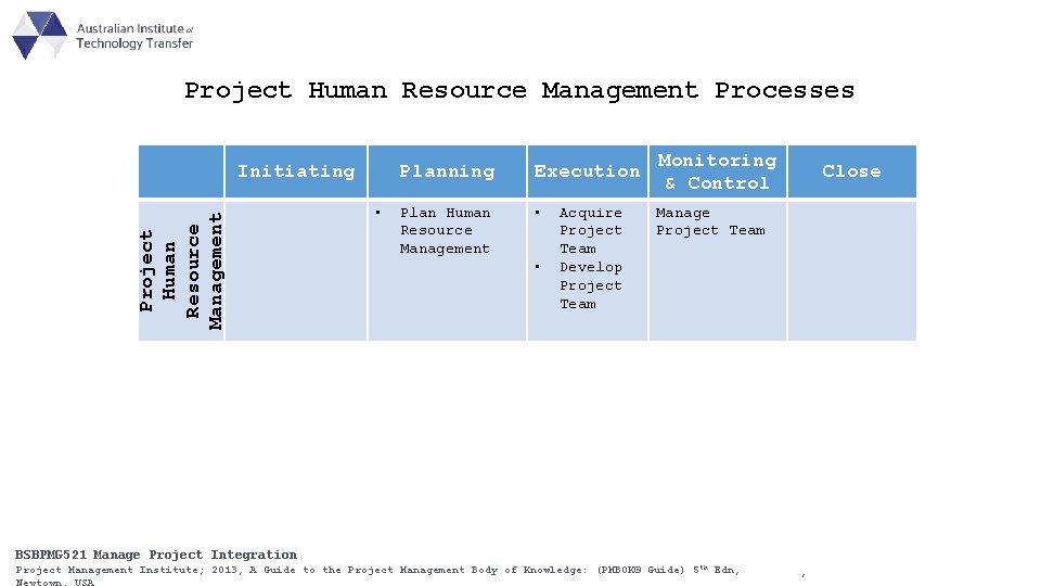 Project Human Resource Management Processes Project Human Resource Management Initiating • Planning Execution Plan