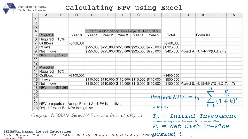 Calculating NPV using Excel where: I 0 = Initial Investment (shown as negative because