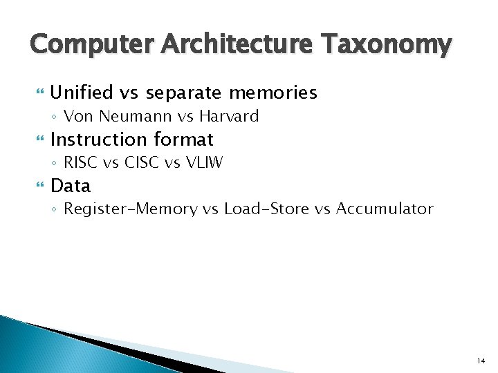 Computer Architecture Taxonomy Unified vs separate memories ◦ Von Neumann vs Harvard Instruction format