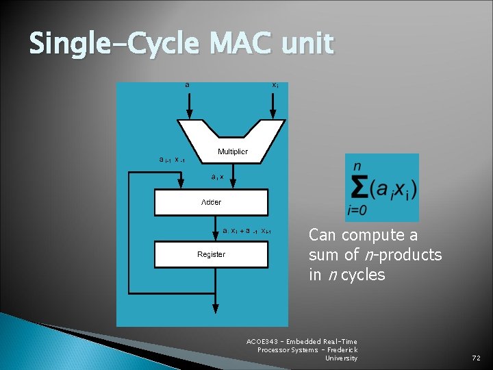 Single-Cycle MAC unit Can compute a sum of n-products in n cycles ACOE 343