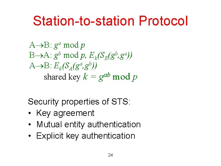 Station-to-station Protocol A B: ga mod p B A: gb mod p, Ek(SB(gb, ga))