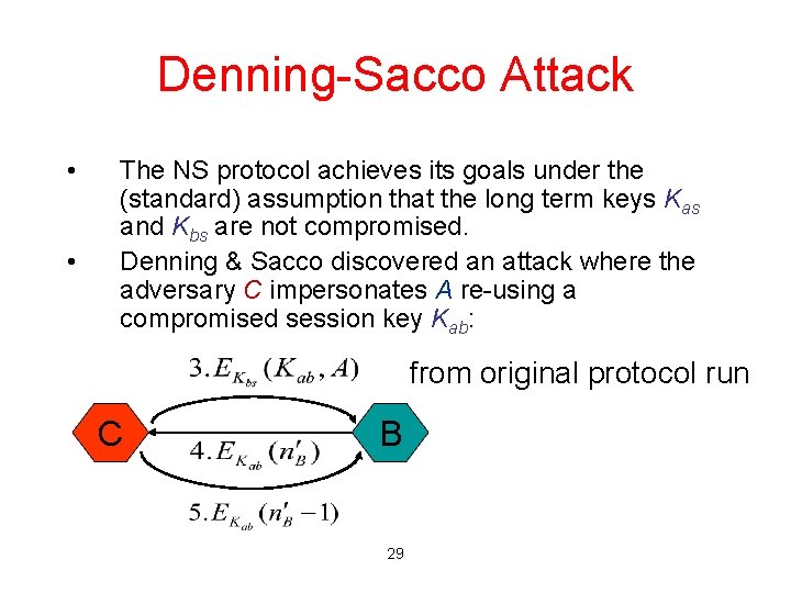 Denning-Sacco Attack • • The NS protocol achieves its goals under the (standard) assumption
