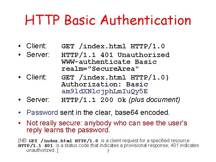 HTTP Basic Authentication • Client: • Server: GET /index. html HTTP/1. 0 HTTP/1. 1