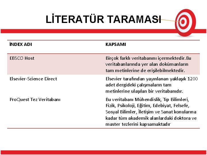 LİTERATÜR TARAMASI İNDEX ADI KAPSAMI EBSCO Host Birçok farklı veritabanını içermektedir. Bu veritabanlarında yer