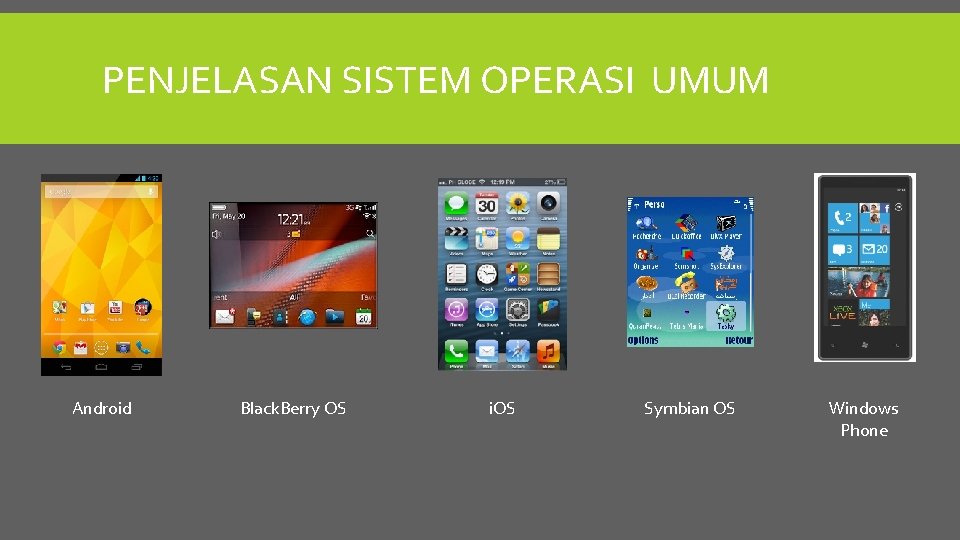 PENJELASAN SISTEM OPERASI UMUM Android Black. Berry OS i. OS Symbian OS Windows Phone