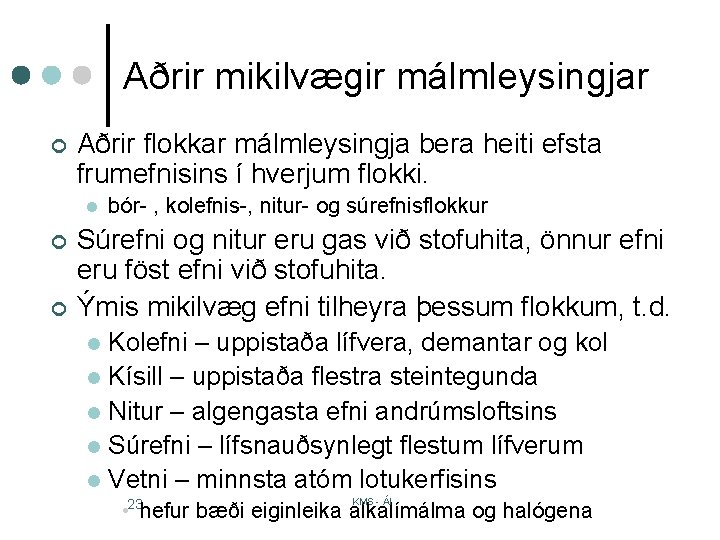 Aðrir mikilvægir málmleysingjar ¢ Aðrir flokkar málmleysingja bera heiti efsta frumefnisins í hverjum flokki.